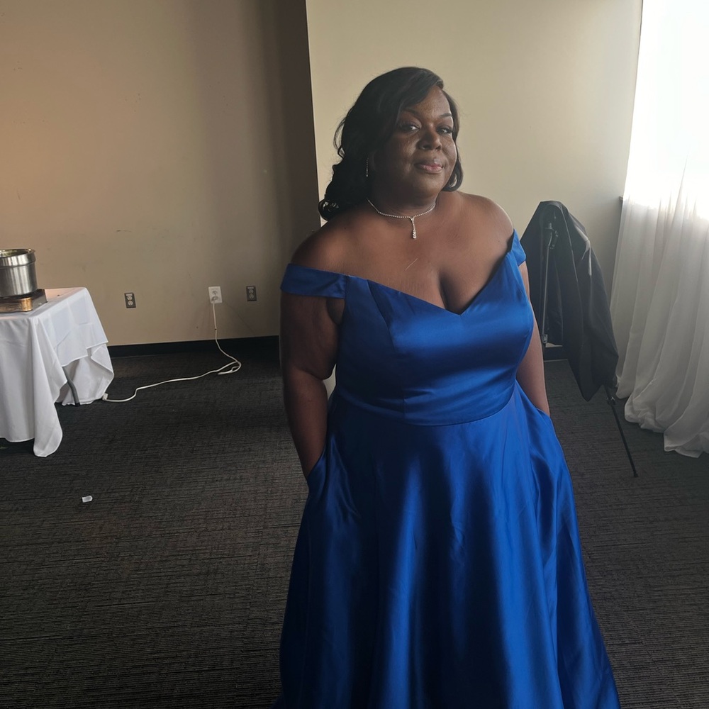 Elegant Blue Off-Shoulder Gown Bridesmaid dress from David’s Bridal